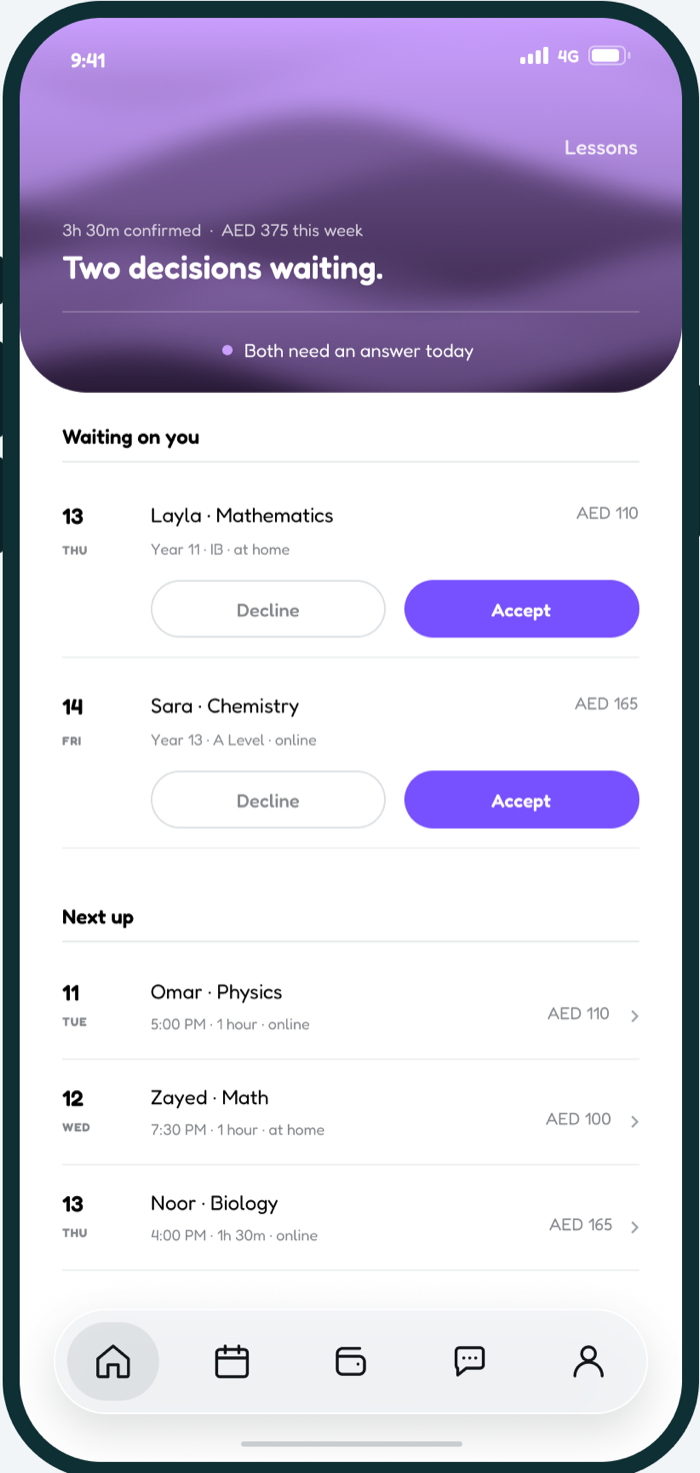 The Durusi mentor app showing lesson requests waiting for a decision, with rates and student details.