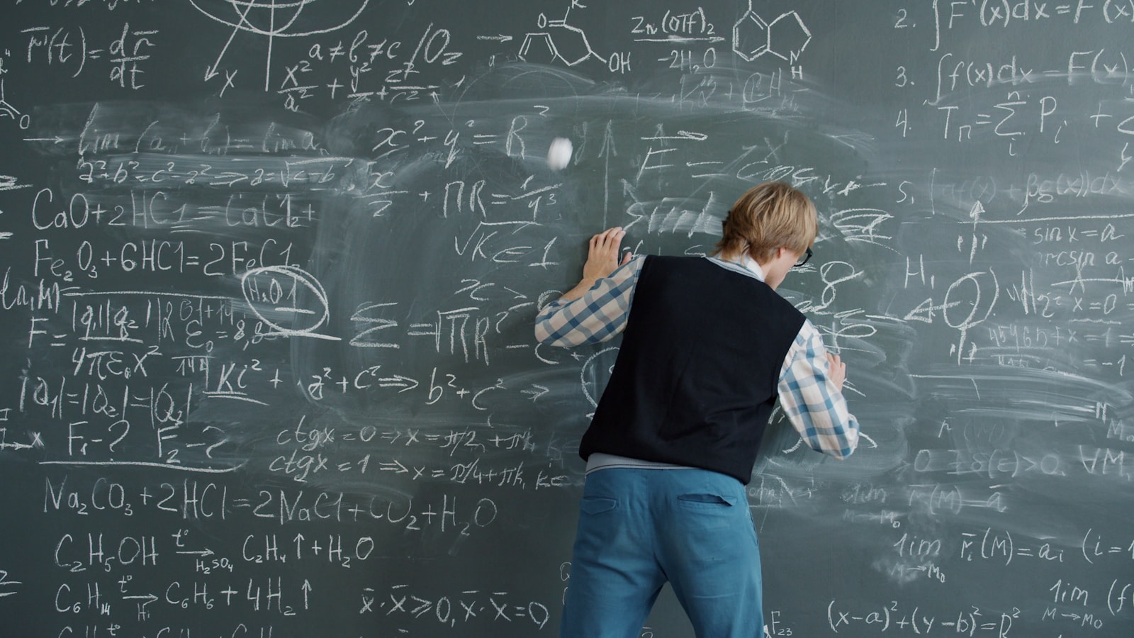 A chalkboard at the front of a classroom