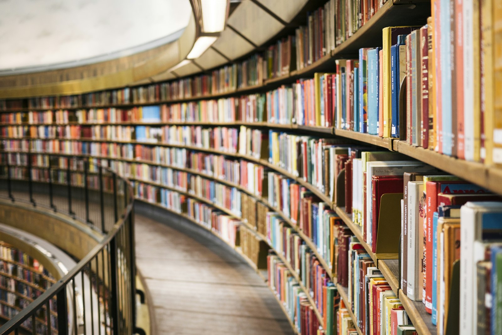 The curved shelves of a library