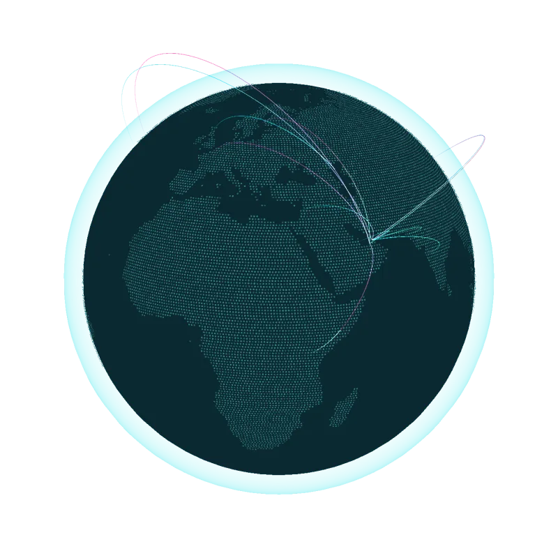 A globe with arcs from cities worldwide landing on the UAE